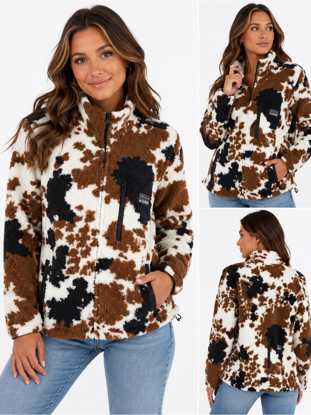 Free Nature Cow Print Sherpa Fleece Jacket Small Brown Black Western new